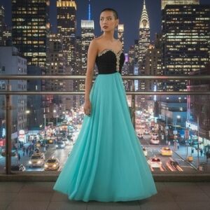 Blondie Nites Strapless Black and Aqua Gown